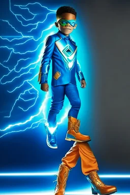 the flash fan and is 11 year old kid with emerald lighting symbol and blue suit and orange boots