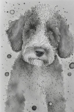 Abstract wet watercolour of a black and white bernadoodle, ink lines, interlinked circles, detailed,focus on eyes, watercolour paper