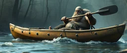 ancient bald fat ogre troll machete sitting relaxed in huge massive kayak in stream, smacking fish with big metal oar