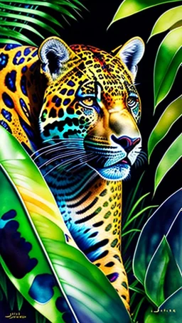 Jaguar en la selva arte acuarela colores contrastantes calidad ultra hiperdetallado maximalista 16k full body