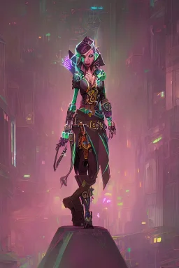 beautiful steampunk elf in a neon dystopian city