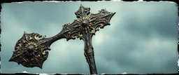 ornate war hammer, pinhole cam, airbrush 3d rendering, in the style of John Atkinson Grimshaw , torn edges on border