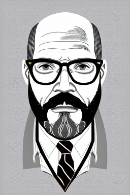 black and white,real estate agent,bald white male with thick grey beard,55 years old,metal wire frame glasses,, necktie,portly,detailed drawing,white background