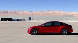 A Tesla's 'Model S Plaid' is racing at top speed, across the 'Area 51' facility in the USA. CINEMATIC. WIDE ANGLE LENS.