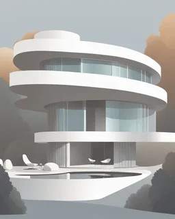 Vector illustration of a modern, neo-futufist country house with innovative shapes and curves. Concrete and glass materials. Trees, people