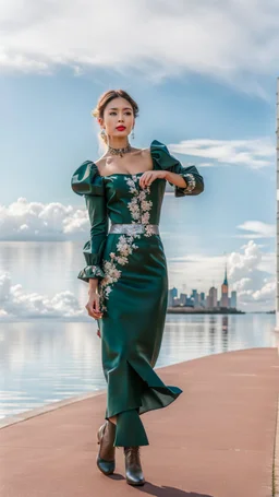 fullbody shot of girl makeup wearing a dark green-silver victorian blouse skirt with pretty boots walking in moder city of 2040 park ,flowers ,pretty clouds in blue sky,city escape.