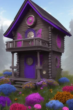 hyper detail, small wooden cabin, purple blue yellow silver teal black olive azure, red, pink, brown, flowers, steampunk,