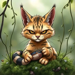 caricature from an european wild cat sitting in moss, between tendrils and a dead little bird lies between his paws, looks casually and devilishly at the camera, caricature style, detailed, kind, humorous, sharp lines, comic, digital art , blur background