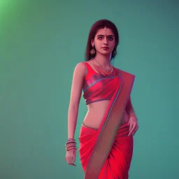 full body photo of a girl in saree in dark room with neon light ,hyperrealistic,detailed,8k,cinematic