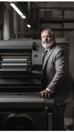 italian strong massive big chubby 50 year old man in smart gray suit, unbuttoned shirt, short beard, shirtless, printer in an old printing house, next to a huge old printer, dim light, side light, ambient occlusion