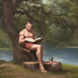 A miniature with a big muscular body reading a book under a tree by the lake, 3D, realistic, magical painting, full and detailed painting components, Hollywood quality, 4K, 8K