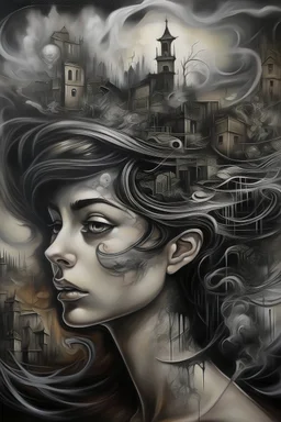 Psychoanalysitic phantasy. Mind. Vintage grafit painting