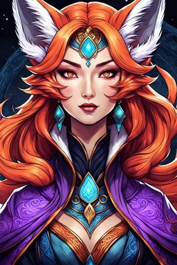 create an ethereal, darkly magical ,Kitsune sorceress with highly detailed and deeply cut facial features, illustrated in the style of Mindy Lee, Matias Bergara , and Hitoshi Yoneda, 4k precisely drawn, boldly lined and colored