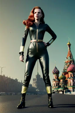 retro portrait image from 1960, Moscow background, wind, long red hair, fighting stance, sweet young Scarlett Johansson, classic black tight lycra suit, weapon, gold bracelet and belt, high heel boots, soft color, highly detailed, unreal engine 5, ray tracing, RTX, lumen lighting, ultra detail, volumetric lighting, 3d, finely drawn, high definition, high resolution.