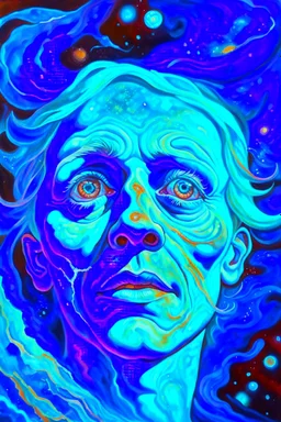 Busch painting style A big scary face covering his ears with both hands out of A nightmare from light." Stars are holes in the fabric of reality, from which a blinding, painful light pours. Nebulae resemble phantasmagorical visions.all blue