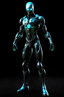 Full body picture of a genuis android superhero that has telekinesis, technomancy, and quantum manipulation