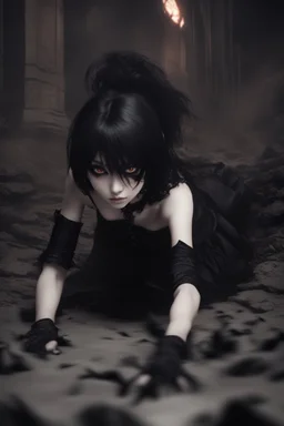 Gothic girl crawling towards the camera, scary moving position. Dark eyes, black clothing and dark make-up. Anime style, Realistic, 8k, chaos background