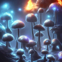 Frost metal magic armoured MUSHROOMS stars galaxy SPACE lANDSCAPE BURNING IN BLUE FLAMES hellfire abyss math