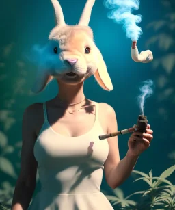 Ultra realistic photographic party portrait, sound club, wide-angle lens, couple, cinematic, happy blonde woman smoking a shisha pipe, accompanied by big white rabbit friend, hot, circus dress style, marihuana plants, color smoke, soft color, highly detailed, unreal engine 5, ray tracing, RTX, lumen lighting, ultra detail, volumetric lighting, high definition.