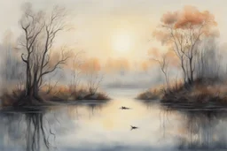 Sunrise on a misty morning. over a misty pond in the hieght of fall.Watercolour by Alison Brady. Pastel colours Arthur Rackham Gothic Watercolour Jean-Baptiste Monge Ernst Haeckel Minimalist Kay Sage watercolour art