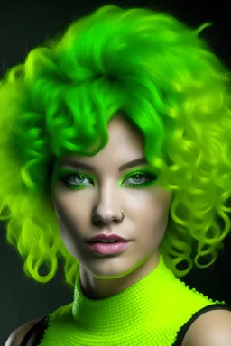 Bulbous and slightly elongated topped with a wild mop of neon green curly hair that defy gravity