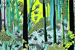 A mint colored forest with insects painted by Roy Lichtenstein