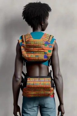 futuristic baby carrier in Kente, rusted clocks eyes, cinematic, scaffolding, ghana flag, african pattern symbols, black star, engraved, 8k quality