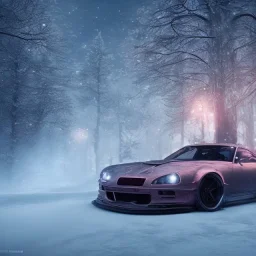 jdm car, dans la neige, fleur, concept art, réaliste, synthwave,