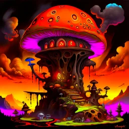 A fantabulous black, lime, and tangerine (((mushroom tower house))) erected atop a (geologic pillar), surrounded by the uncanny imaginative ((( swirling skies))), offset by the stark hues of a (neon-tinged nebulous space scape), within. captured by the hand a skilled master painter with a focus on (softly blurred compositions and voluminous lighting).