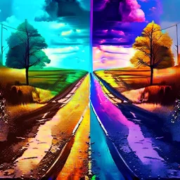 two roads diverged , art, acrilyc colors, bright, masterpiece, realistic