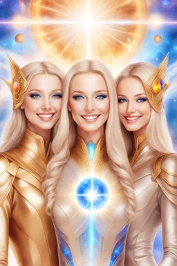 cosmic woman smile, admiral from the future, one fine whole face, crystalline skin, expressive blue eyes,rainbow, smiling lips, very nice smile, costume pleiadian, Beautiful tall woman pleiadian Galactic commander, ship, perfect datailed golden galactic suit, high rank, long blond hair, hand whit five perfect detailed finger, amazing big blue eyes, smilling mouth, high drfinition lips, cosmic happiness, bright colors, blue, pink, gold, jewels, realist, high,rainbow commander