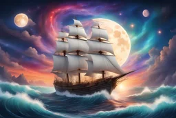 un bateau puissant et mystique aux voiles blanches avance au travers des vagues sous un ciel multicolore et REMPLI D'étoiles filante et la lune ronde et bienveillante veille connectée à l'univers