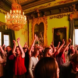 Celebration in a schloss, cheering people, Austrian aesthetic, warm colors, wooden floor, forest green walls, red, chiaroscuro, 8k, HD, cinematography, photorealistic, Cinematic, Color Grading, Ultra-Wide Angle, Depth of Field, hyper-detailed, beautifully color-coded, insane details, intricate details, beautifully color graded, Cinematic, Color Grading, Editorial Photography, Depth of Field, DOF, White Balance, 32k, Super-Resolution, Megapixel, ProPhoto RGB, VR, Halfrear Lighting, Backlight