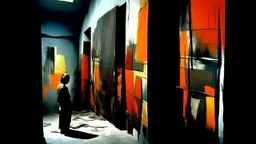 abstract painting, Echoes of Lost Eras, use flat bright colors displayed art, Charcoal, Metallic Ink: merging into walls of shadow., refugees, conformity, Analogue film photo, , 1950s, candid, retro analog, 35mm film, film grain,