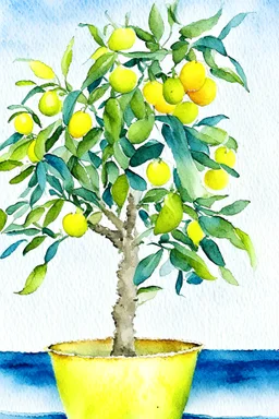 lemon tree with lemons in a pot on a sea background watercolor painting