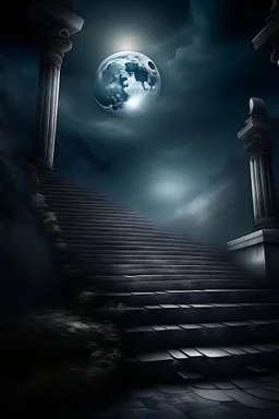 The staircase stands unwavering, a symbol of strength and endurance. It provides a path towards solace and safety, guiding the child towards the distant moon. As they climb higher, their eyes fixated on that ethereal destination, they embody the undying spirit of resilience and the unwavering pursuit of a better future.