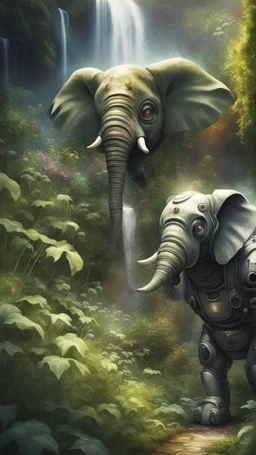 portrait of masked ninja robot elephant in the garden, waterfall and elves ,lotsa wild weed, in spotlight, magazine cover illustration with spray paint, signed, bokeh like, down-light, unreal engine, prize winning