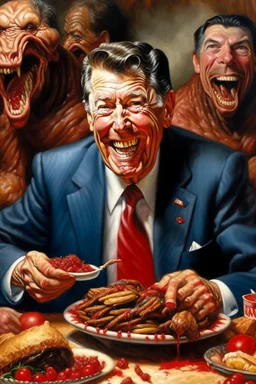 President Ronald Reagan painted as SATAN eating jellybeans with a pitchfork killing small poor people