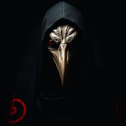 Front pic of a figure shrouded in a dark, hooded cloak, wearing a grotesque bird-like mask. The mask's features are deeply etched and contorted, with a single, prominent red eye. Crimson symbols, like stylized targets or occult sigils, are painted on the black cloak in a distressed, almost blood-like style. The figure's expression is disturbingly intense, and the overall atmosphere is dark, eerie, and ominous. High contrast lighting emphasizes the mask's details, casting deep shadows on the fa