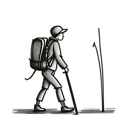 high quality illustration of a trekking person walking with stick and wearing a backpack