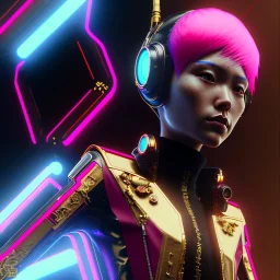 Medium Close Up Portrait, Front image. cyberpunk Asian woman, pink short hair. rabbit mask, latex suit. Red, black, gold, color. Punk style. Gradient background, highly detailed, concept art, smooth, unreal engine 5, god rays, ray tracing, RTX, lumen lighting, ultra detail, volumetric lighting, 3d, finely drawn, high definition, high resolution.