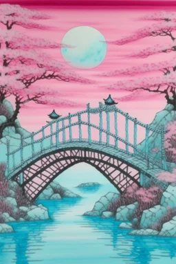 A light pink mystical bridge made out of candy painted by Utagawa Hiroshige