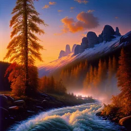 Sydney Laurence Painting of Raging River at sunrise in alaska