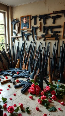 A room full of guns from all kinds , and roses on the floor