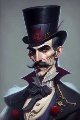 Strahd von Zarovich with a handlebar mustache wearing a top hat giving thanks