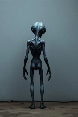a gray alien standing by a wall piss on the wall back view he turned face back scared