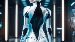 picture from behind the human android female with short white hair, white albino skin , she wearing black-silver-white colors futuristic fashion cloths, sje walking in high-tech futuristic office, sci-fi mood, ultra detailed, high contrast, Professional photography