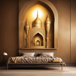 Hyper Realistic Bright-Glowing-Golden-Islamic-architecture on rustic-brown-rustic wall