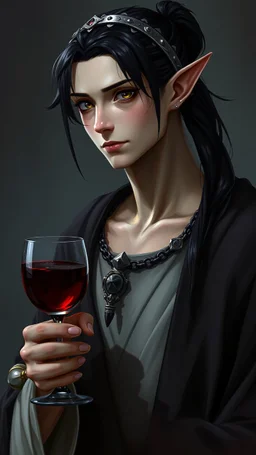 male elf with pale skin and small ears, black hair in a ponytail, wearing a silver circlet and holding a goblet of wine. dark fantasy