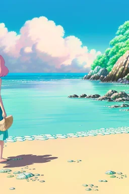 Beach scene a beautiful woman with pink hair, rock, calm water, fish, beautiful colors, very fine detail, high quality, seashell, octopus, mystical, romanticism,